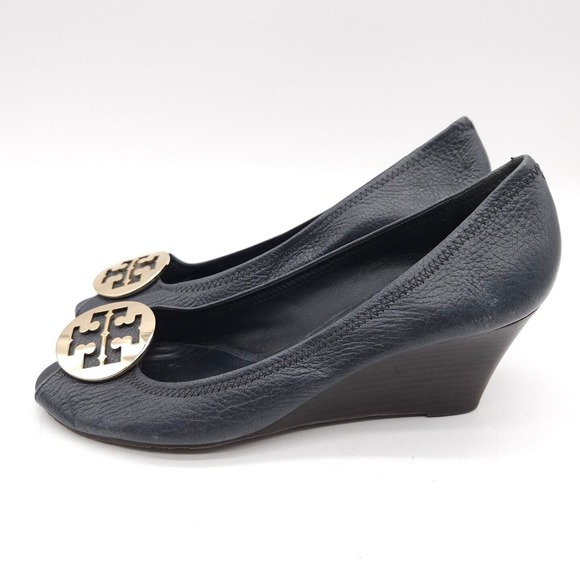 Tory Burch (Womens Size 10.5) Sally Peep Toe Wedge Pumps Blue Pebbled Leather - Picture 2 of 8